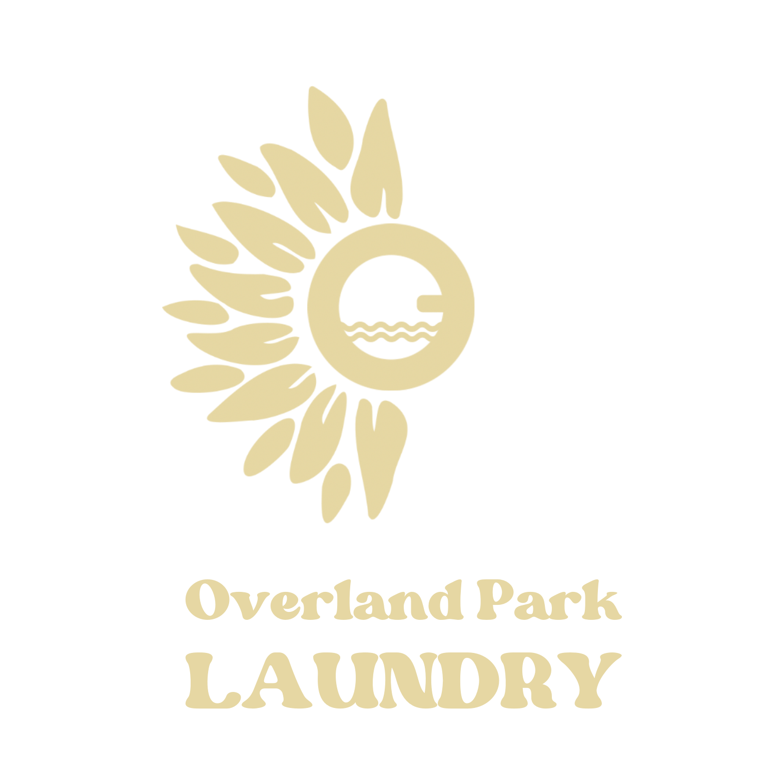 Overland Park Laundry logo featuring a stylized yellow sunflower with a circular center containing wavy water lines